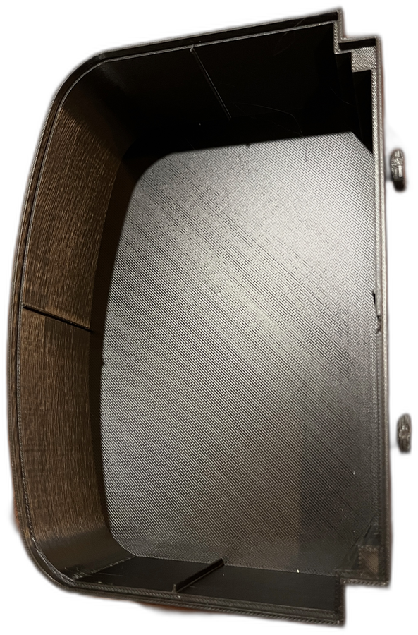Photo of the finished 3D printed overflow tray with mounting posts